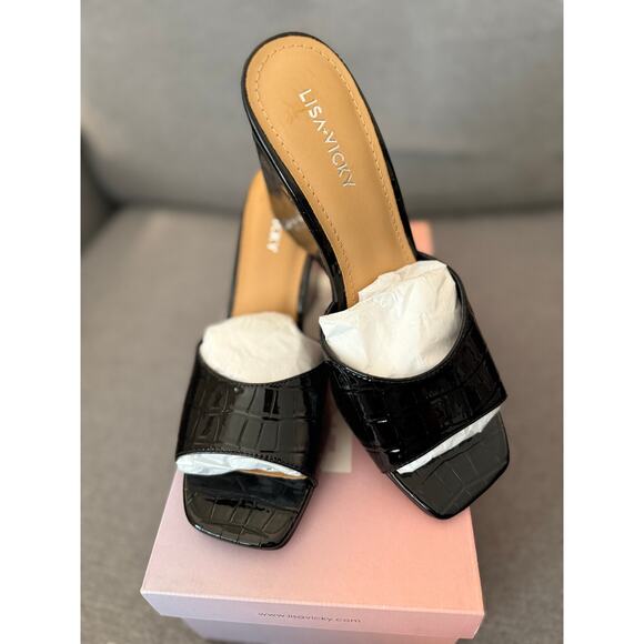 NEW Lisa Vicky Nordstrom Adore-V Croco Wedge Sandals Black Patent Leather 8 - Picture 2 of 7